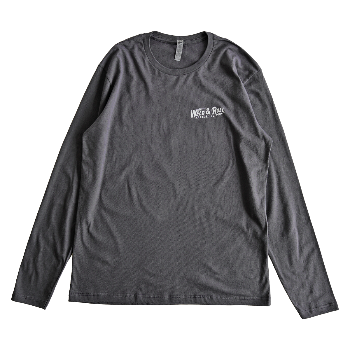 Men's or unisex long sleeve gray t-shirt in gray, with a Weld & Roll logo printed on the left side of the chest as whats known as a pocket print.