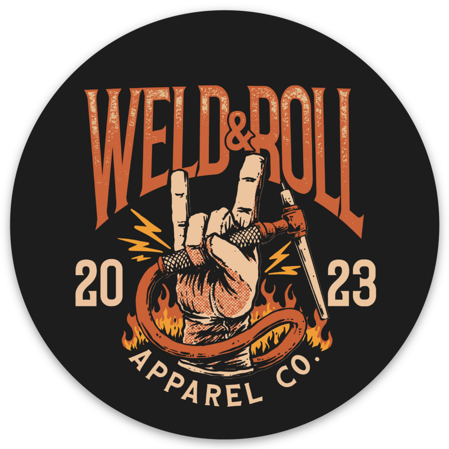 Weld & Roll 2023 logo with a rock-on hand gesture holding a welding torch with flames behind it on a black background.