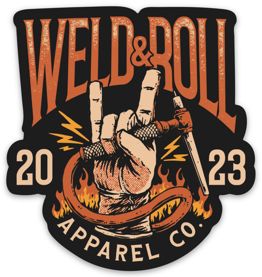 Weld & Roll 2023 logo with a rock-on hand gesture holding a welding torch with flames behind it.